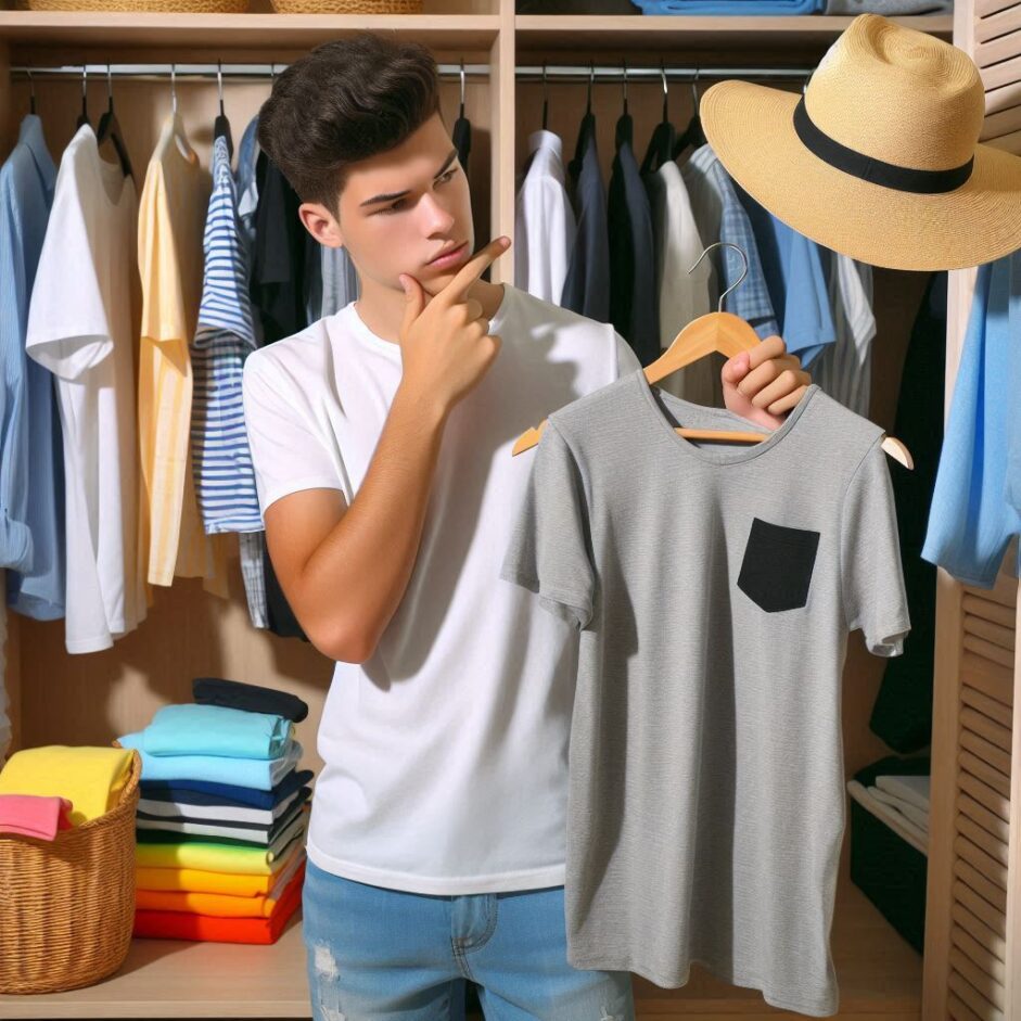 Teem boy searching for sun blocking clothing in his closet